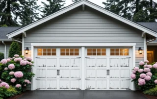 White garage door with window panels showing weathered sections alongside well-maintained areas