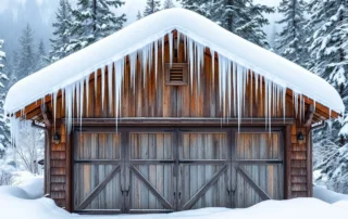 Snow-covered wooden garage in White Salmon showing ice dam formation and weatherstripping details during Gorge winter