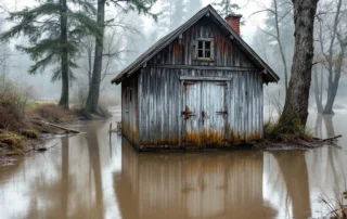 Detached garage near Molalla River with spring floodwater pooling around foundation in Clackamas County