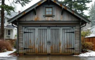 Weathered Craftsman garage with settling foundation causing door misalignment in Forest Grove's wet valley climate