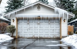Ranch home garage with natural ice formation and icicles during Portland metro freeze-thaw cycle