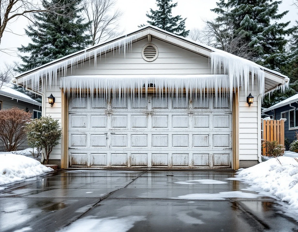 Ranch home garage with natural ice formation and icicles during Portland metro freeze-thaw cycle