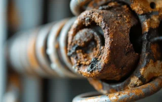 Corroded garage door spring showing rust and metal fatigue from freeze-thaw temperature cycles