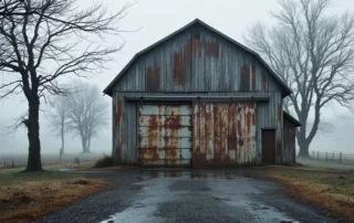 Weathered barn with workshop door in North Plains showing moisture damage from valley fog and rain
