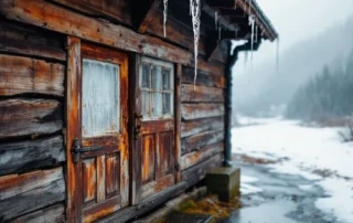 Historic wooden garage in Bingen showing authentic winter weathering from Columbia Gorge ice storms