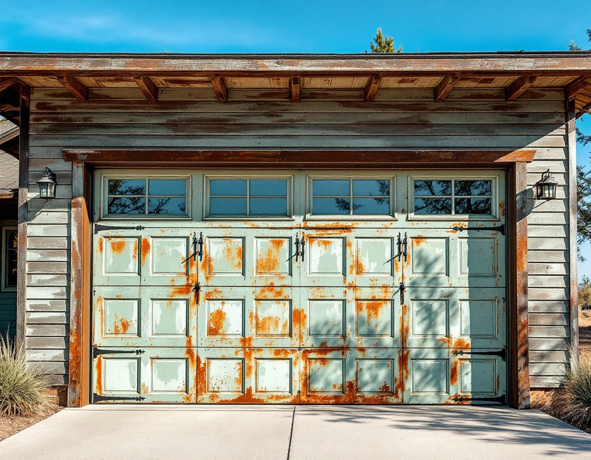Sun-damaged garage door with faded paint and rust on Central Oregon home showing UV weathering effects