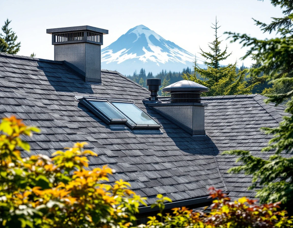 Ridge vents and turbine ventilators installed on residential roof with Mount Hood visible in background
