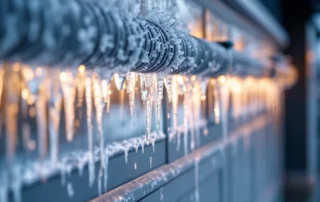 Garage door torsion springs with frost and ice buildup during Hillsboro's cold winter morning