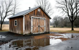 Detached garage on rural Canby property with standing water from spring snowmelt near foundation