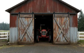Weathered agricultural garage with vintage tractor inside, showing rural workshop conditions in Molalla farmland