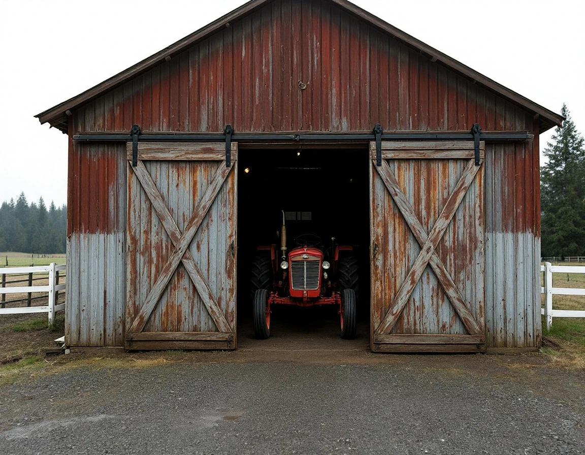 Weathered agricultural garage with vintage tractor inside, showing rural workshop conditions in Molalla farmland