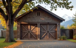 1920s craftsman garage with X-pattern barn doors and cedar shingle siding in Hood River Heights neighborhood