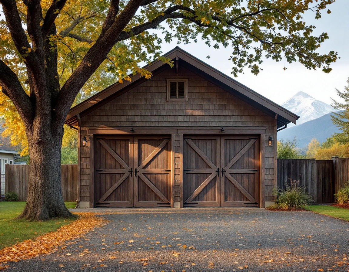 1920s craftsman garage with X-pattern barn doors and cedar shingle siding in Hood River Heights neighborhood
