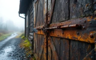 Rusted garage door springs and hinges on weathered timber garage during Oregon valley fog