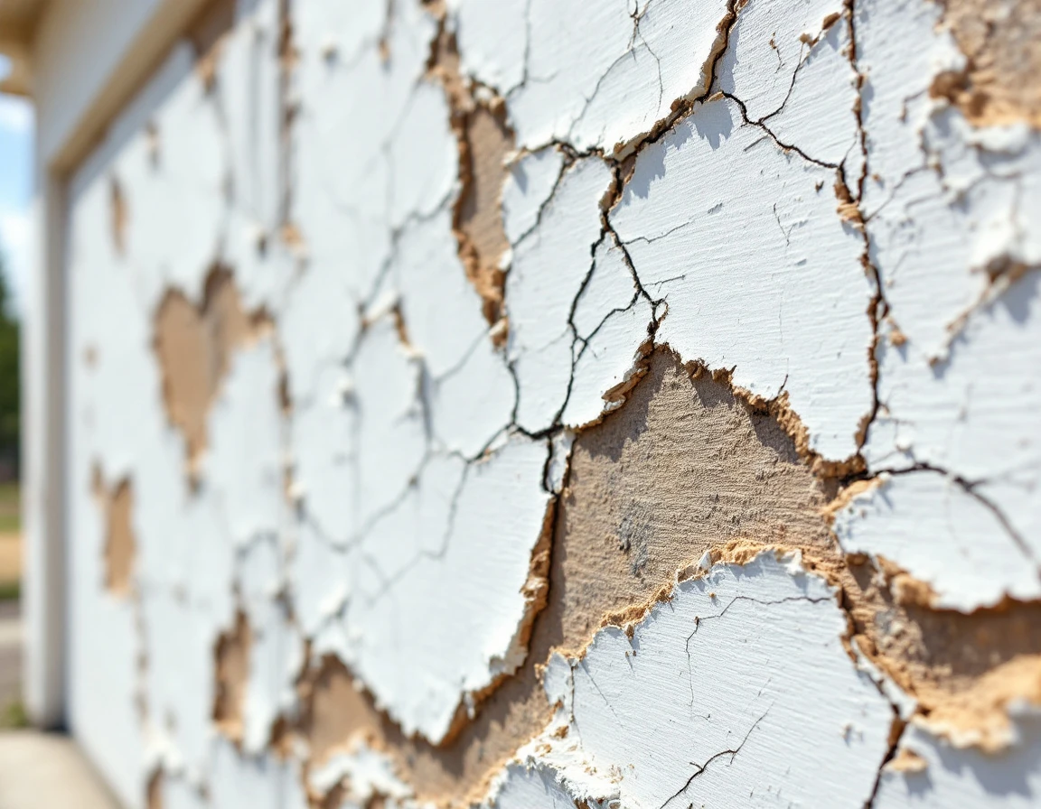 Cracked and peeling garage door paint showing severe sun damage with exposed wood underneath