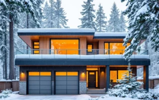 Insulated garage doors on mountain home during Oregon winter snowfall with thermal-efficient windows glowing