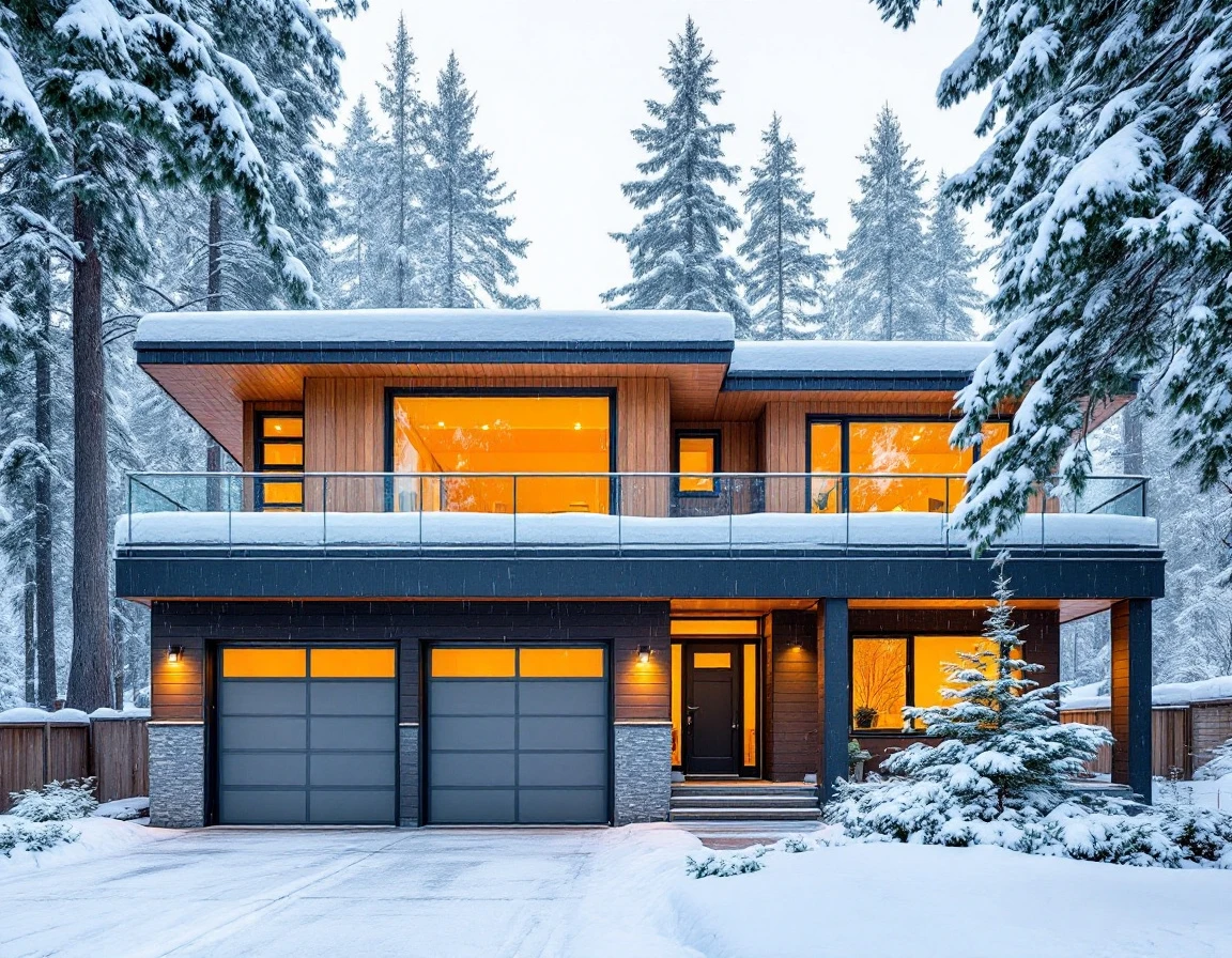 Insulated garage doors on mountain home during Oregon winter snowfall with thermal-efficient windows glowing