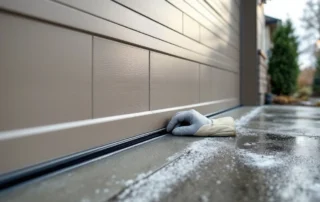 Weatherstripping inspection on modern garage door in Pacific Northwest winter conditions