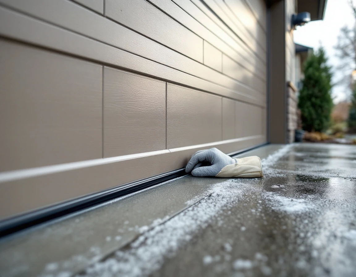 Weatherstripping inspection on modern garage door in Pacific Northwest winter conditions