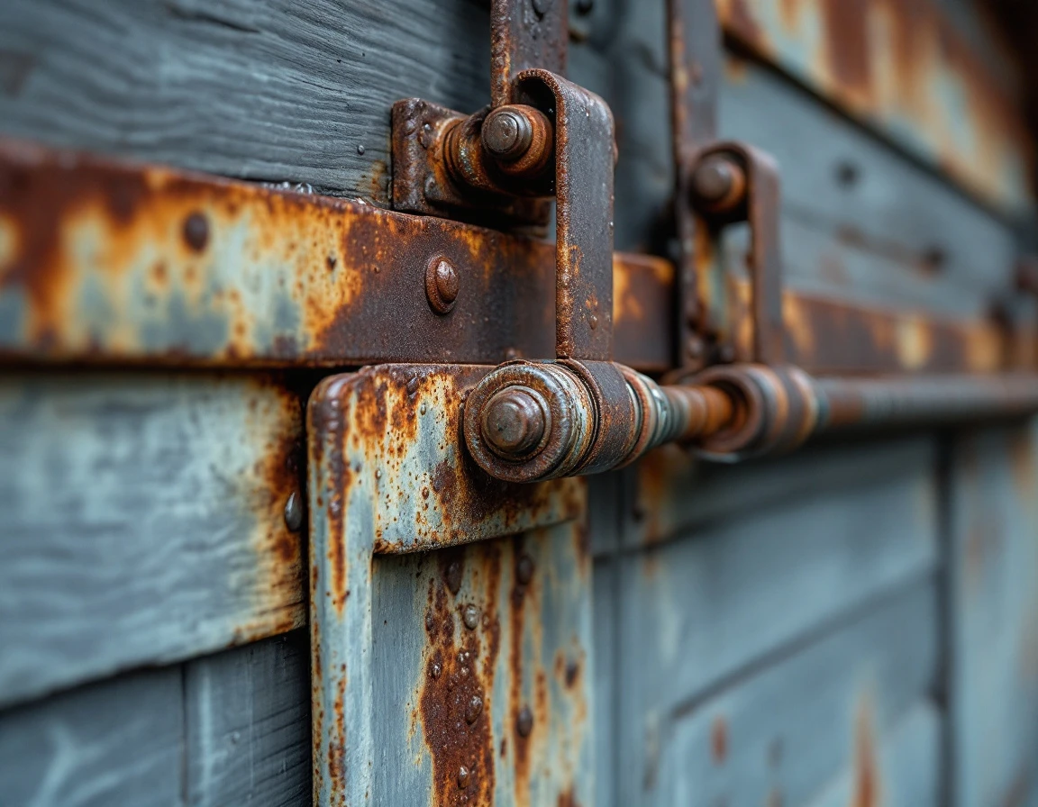 Rusted metal garage door springs and tracks showing moisture damage on vintage 1920s Longview garage