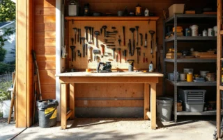Organized garage workshop with pegboard tool storage and workbench ready for summer projects