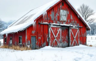 Snow-covered barn garage in rural Culver with reinforced doors designed for heavy winter snow loads