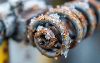 Damaged garage door torsion spring showing stress fractures and metal fatigue from freeze-thaw cycles