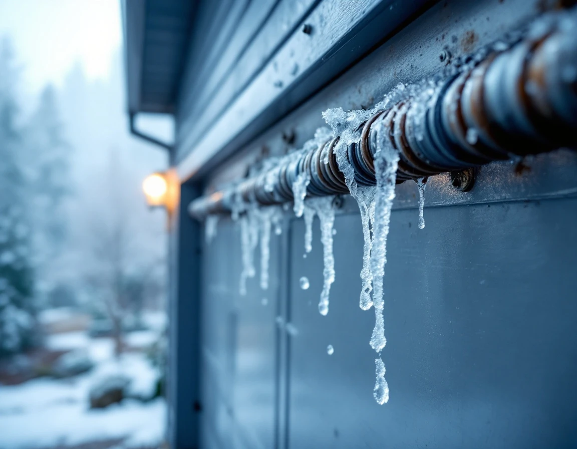 Frost and condensation on garage door springs during foggy Sherwood winter morning