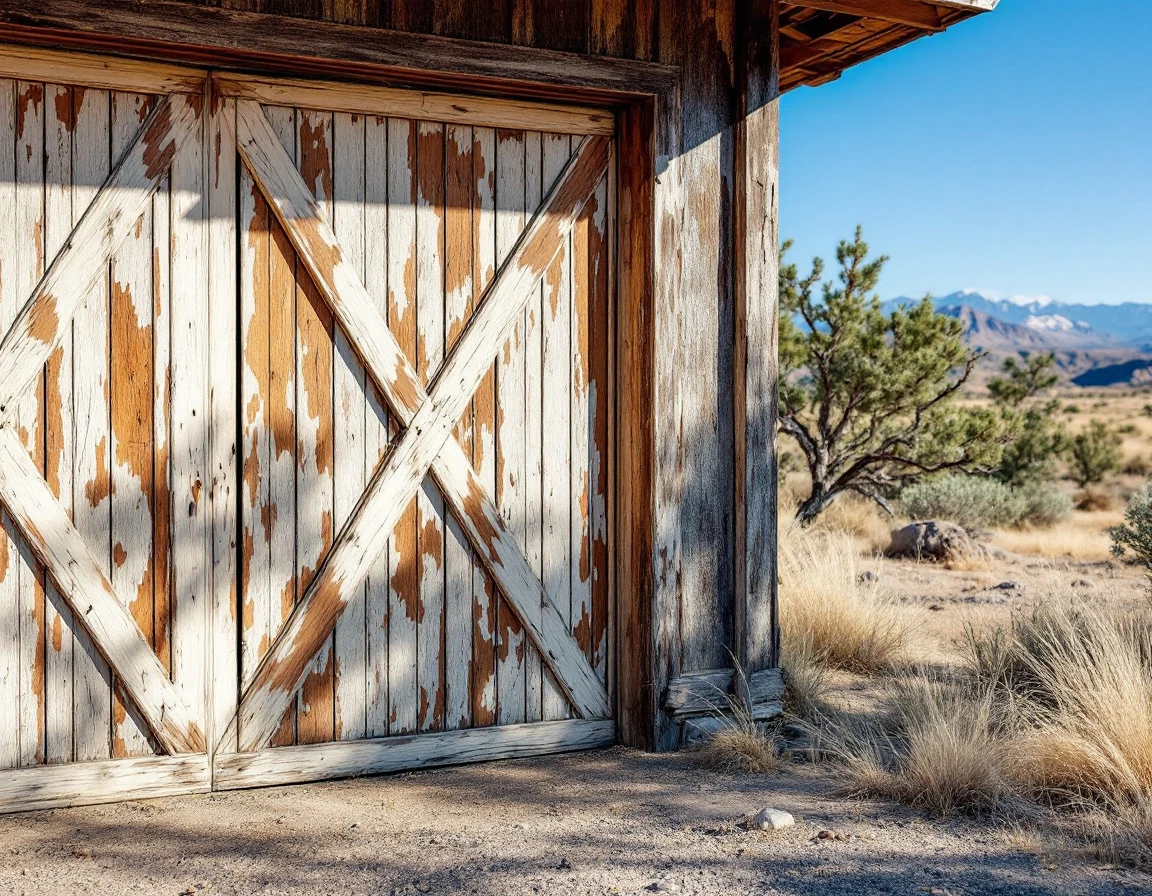Sun-damaged wooden garage door with visible cracks and faded paint in Central Oregon high desert setting