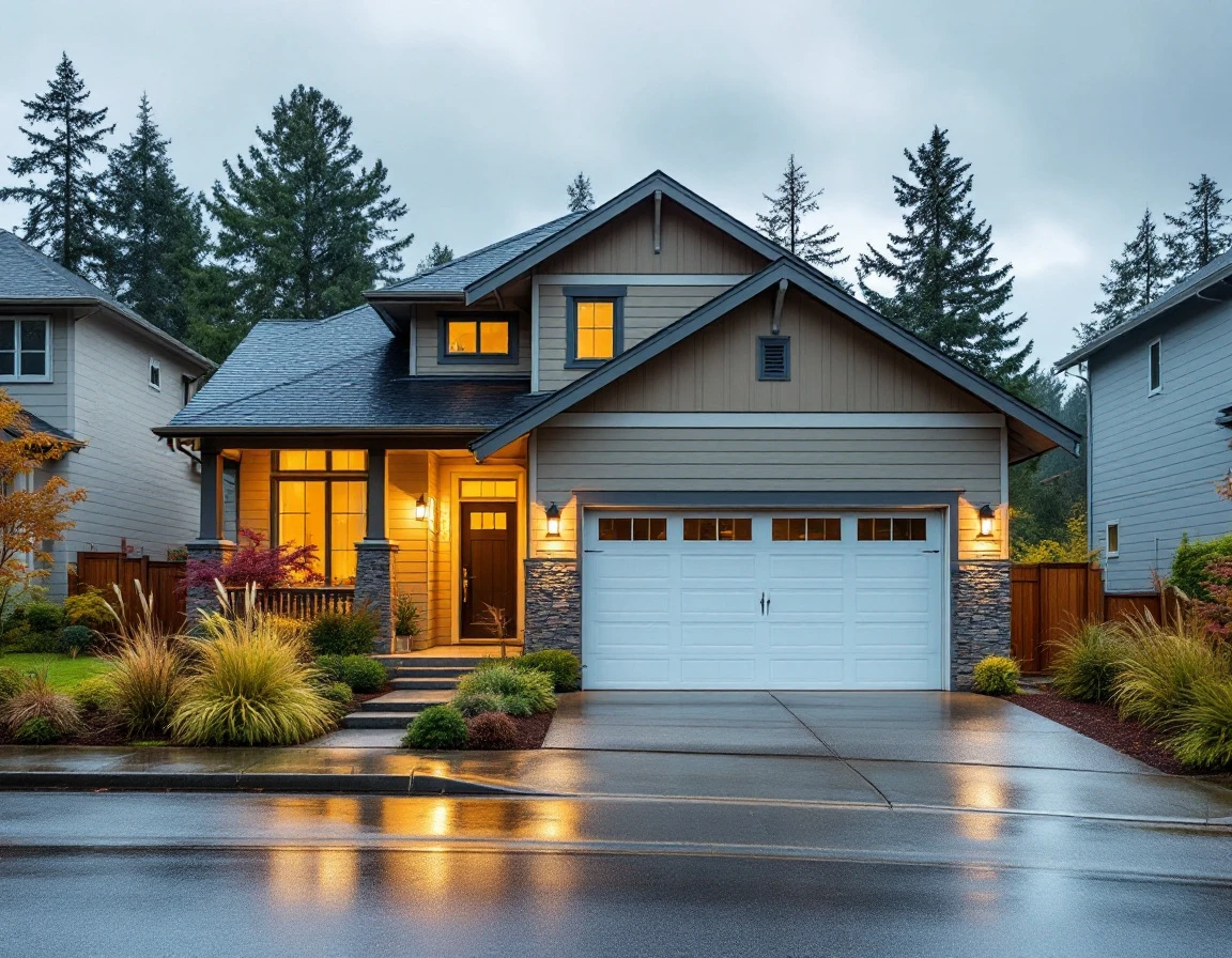Modern Villebois home with attached two-car garage showing European-style architecture and mixed exterior materials
