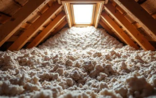 Blown-in cellulose attic insulation between wooden roof trusses with natural daylight from skylight