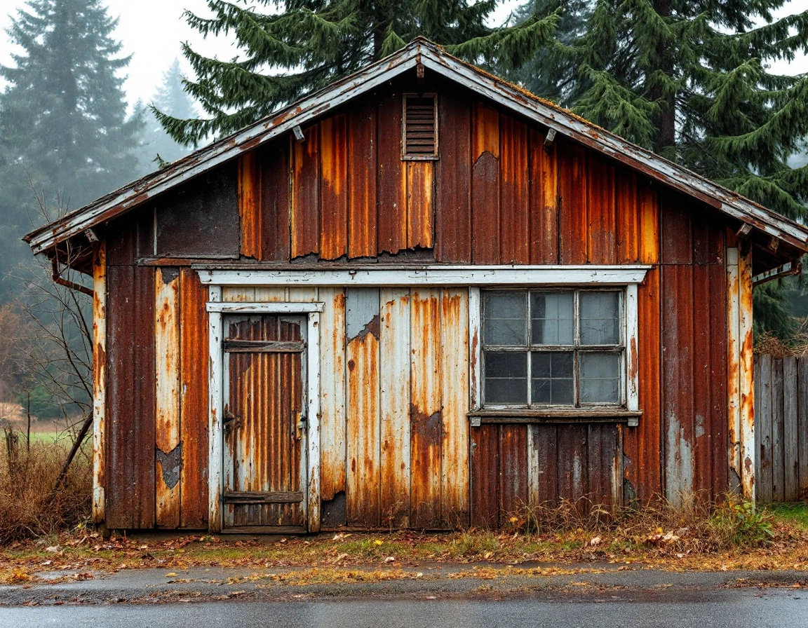 Corrugated metal garage with advanced rust damage and wood rot from Castle Rock's high rainfall climate