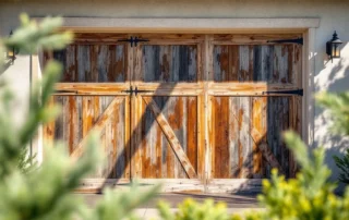 Weathered cedar garage door showing natural UV fade patterns and sun damage from Central Oregon climate