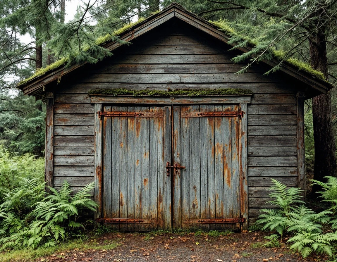 Weathered Long-Bell era garage with rusted hardware and moisture damage in Longview's humid climate
