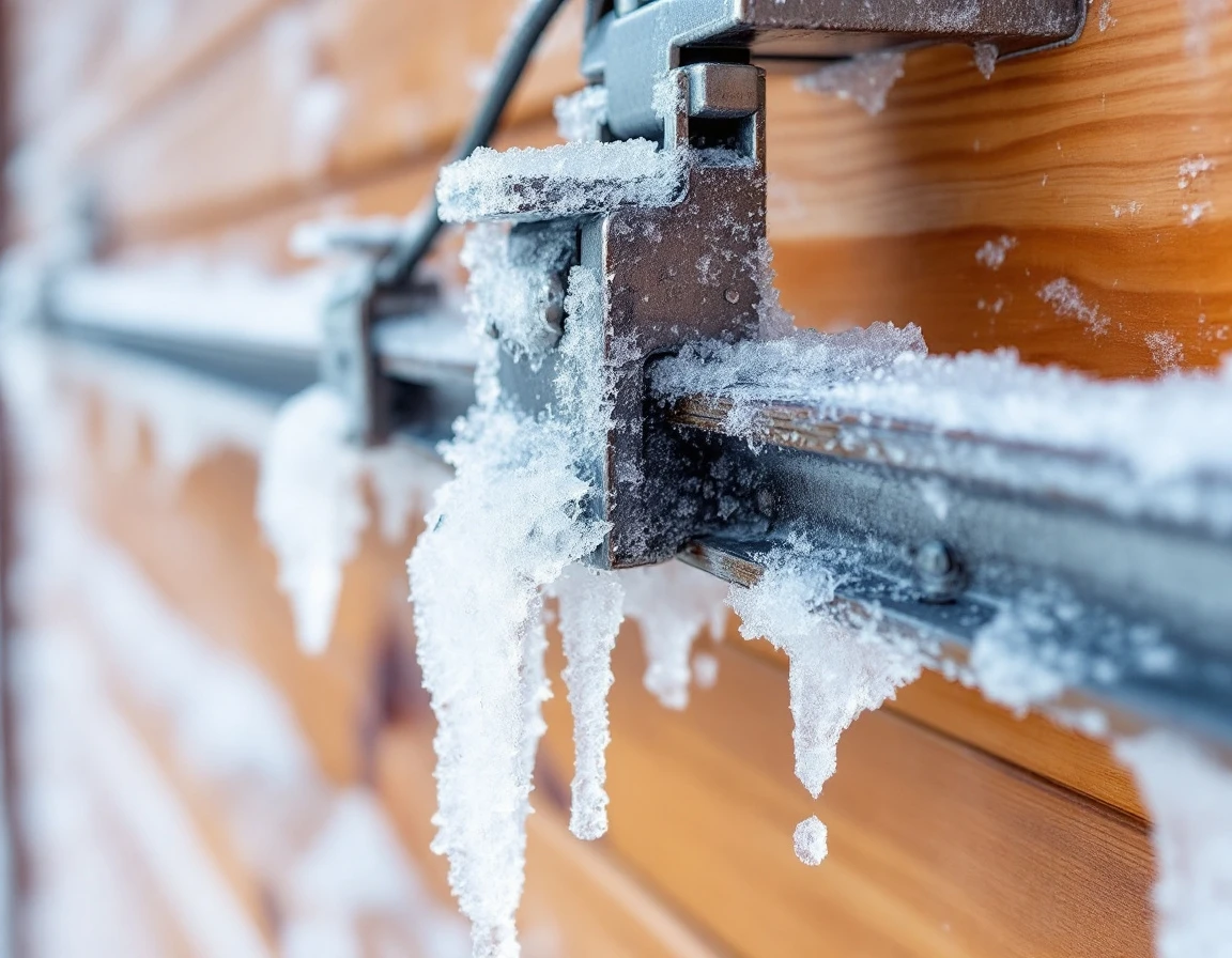 Ice-covered garage door track with frozen roller mechanism showing winter weather damage in Columbia Gorge