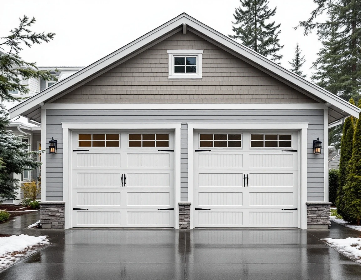 Two-car garage with white steel panel doors on modern Hillsboro home showing dimensional panel depth and weathering