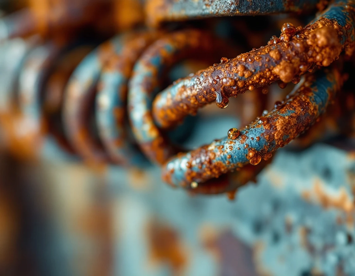 Corroded garage door springs with rust and water damage from high humidity exposure in river environment