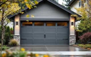Modern two-car garage door on newer Vancouver home showing metal hardware and weather seals needing spring inspection