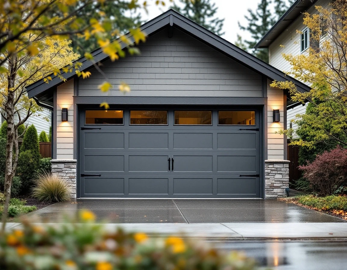 Modern two-car garage door on newer Vancouver home showing metal hardware and weather seals needing spring inspection