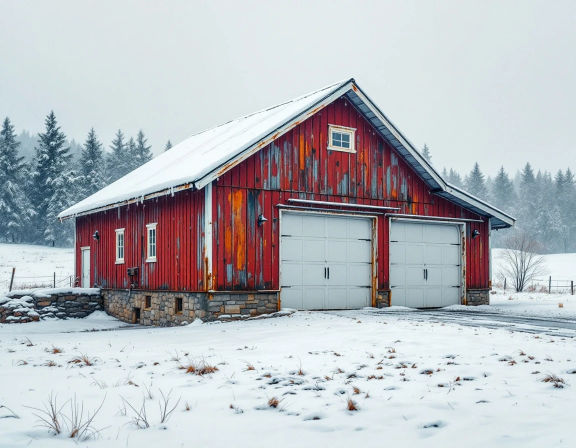 Red barn-style garage with heavy snow load on roof in rural Amboy foothills setting