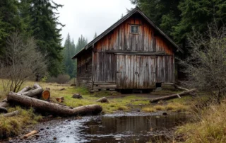 Weathered wooden garage with standing water from spring runoff near Canby farmland