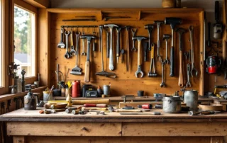 Wooden workbench with organized hand tools in a naturally lit Portland garage workshop