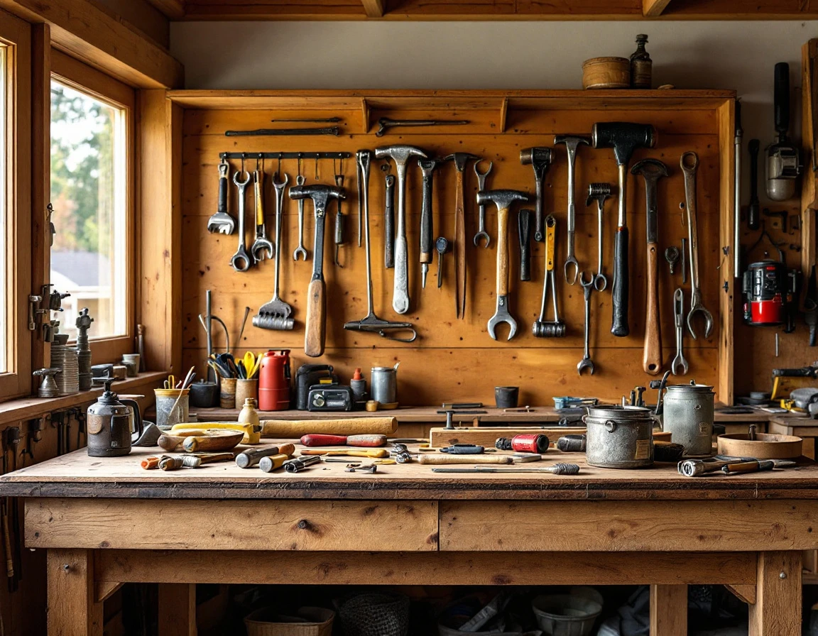 Wooden workbench with organized hand tools in a naturally lit Portland garage workshop