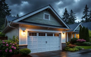 Weatherproofed garage door with sealed edges and proper drainage during Portland thunderstorm with rain and dark clouds