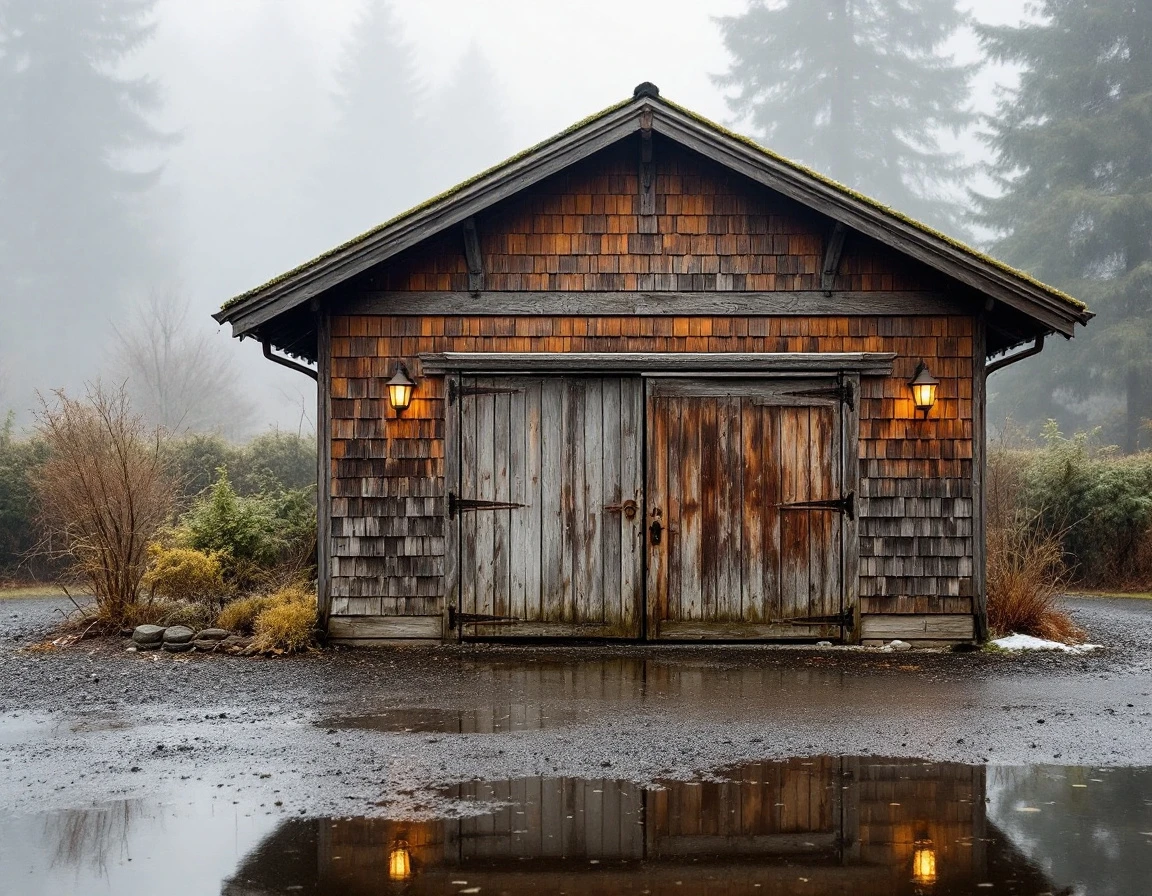 Weathered Craftsman garage with misaligned door and vintage hardware showing foundation settling effects