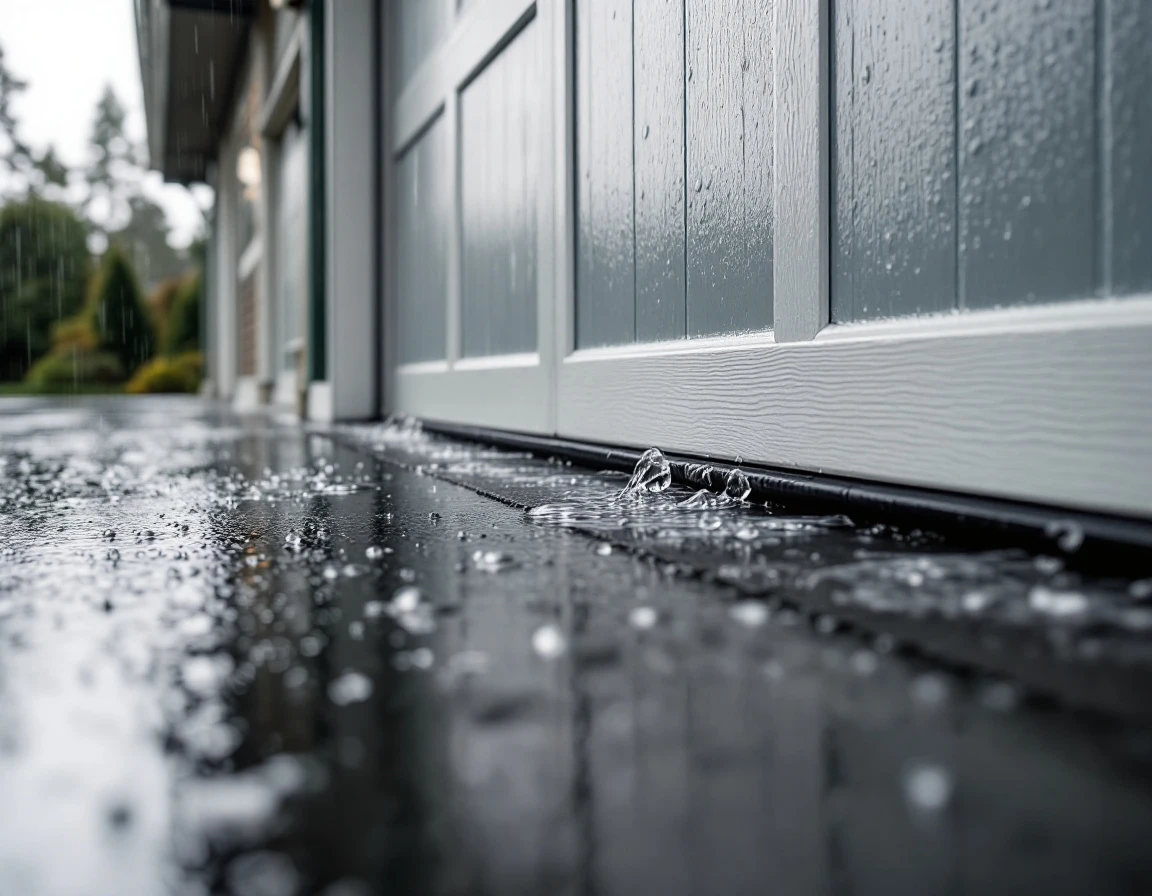 Garage door weatherstripping and panel seams showing moisture vulnerability during Pacific Northwest rainstorm