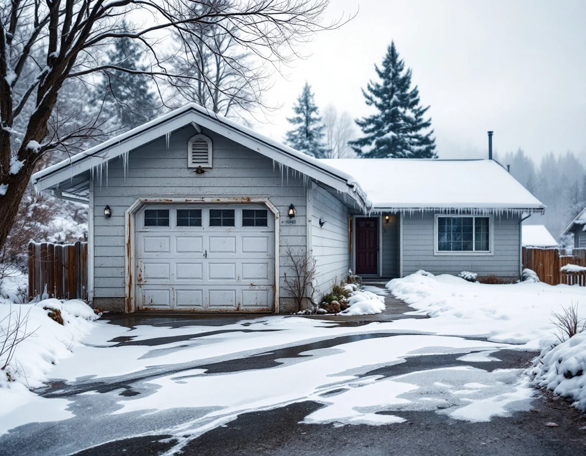 Ranch home with attached garage showing snow accumulation and ice on driveway in King City winter