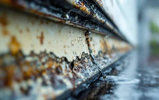 Water seeping through worn garage door weatherstripping during Portland rainstorm