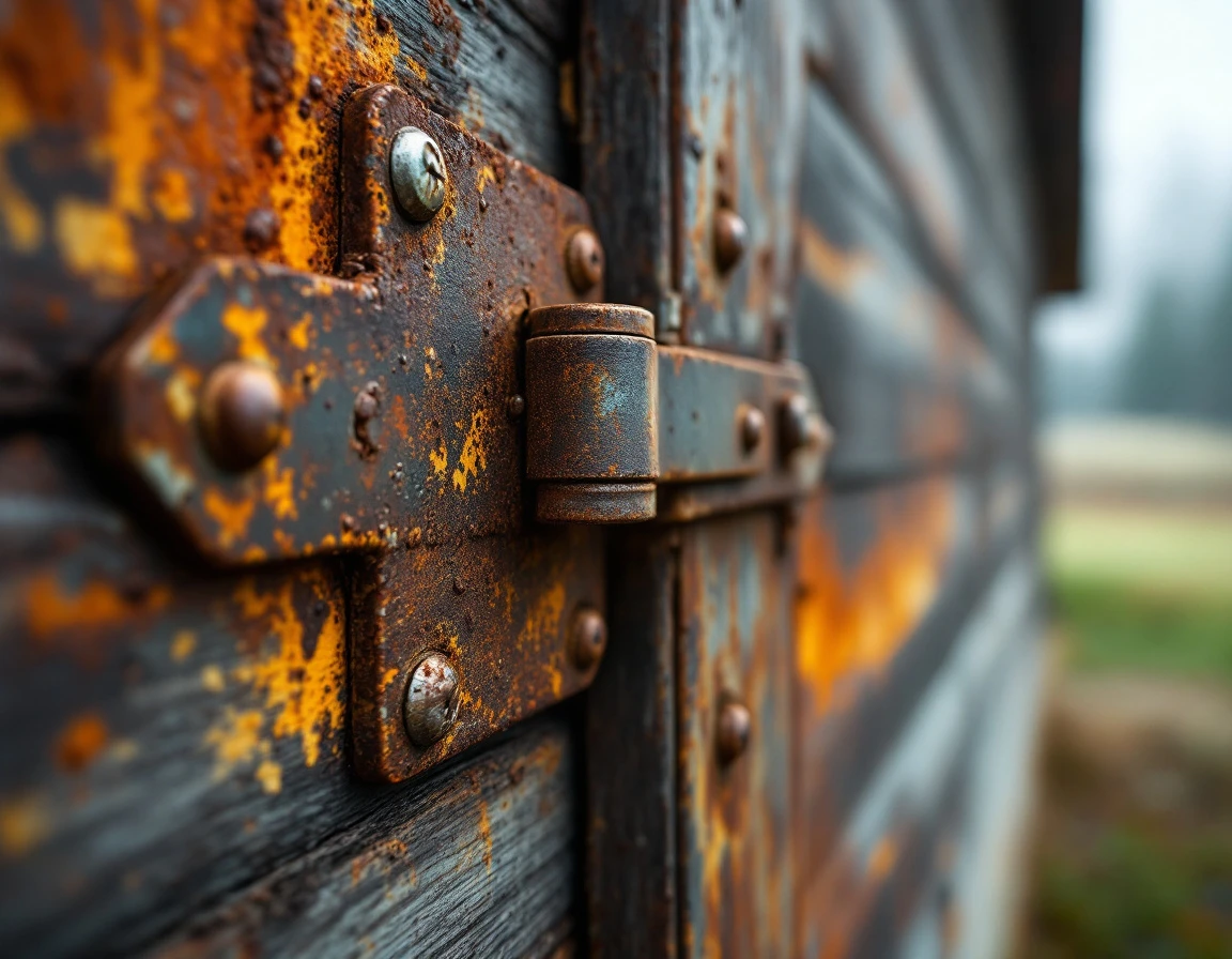 Weathered garage door hinge showing rust patterns and metal fatigue from valley moisture exposure