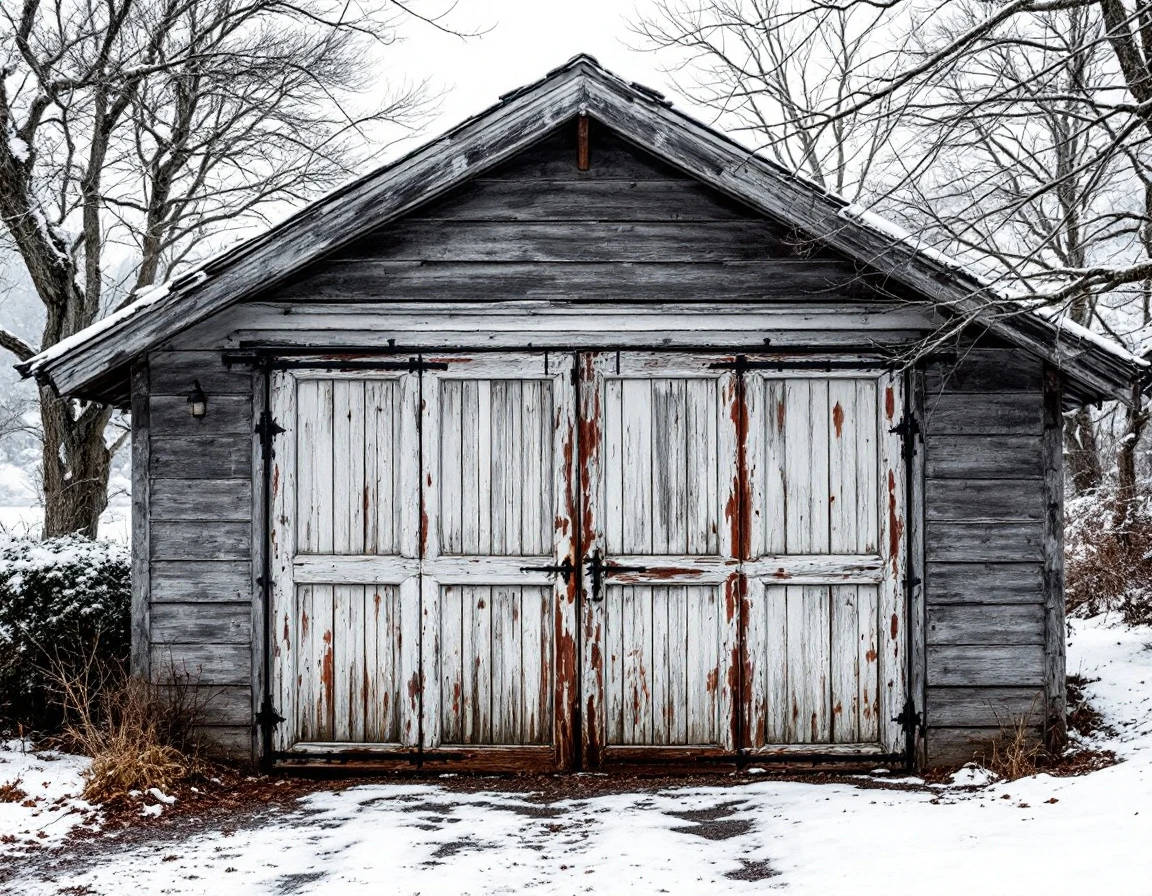 Weathered vintage garage door on historic Bingen home showing wind and ice storm damage from Columbia Gorge winters